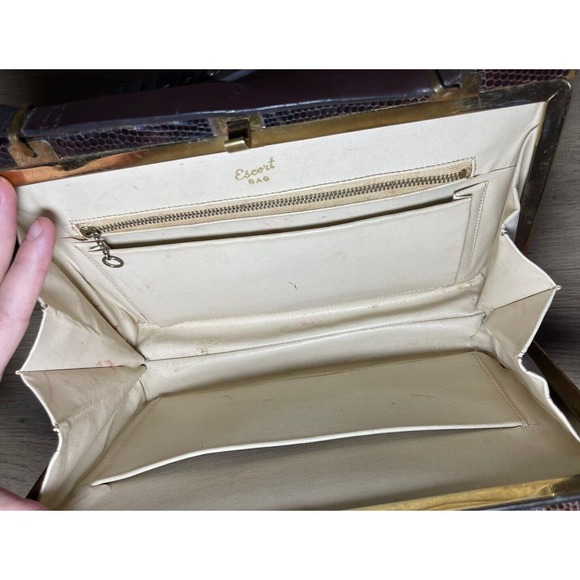 VINTAGE ESCORT BAG GENUINE LIZARD BROWN FRAME HANDBAG SATCHEL Dazzled Strap Moto - Picture 11 of 13